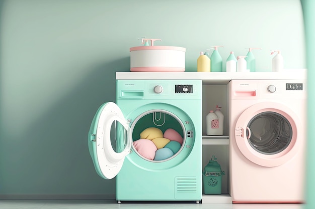 Interior in pastel colors mint machine washing in room