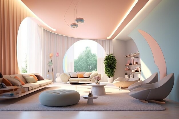 Interior of pastel tone light modern living room with creative furniture Generative AI