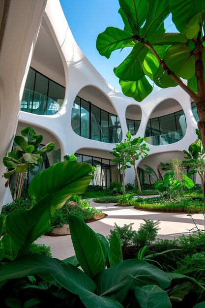 Interior patio of a modern building with windows and plants on the balconies