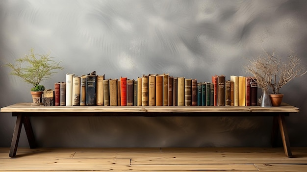 Фото Внутреннее фото различных красочных книг на длинной деревянной скамейке рядом с текстурированной стеной белого цвета