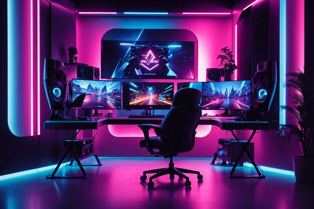 Interior photo of a room with neon effect gaming desk and generative screens ai