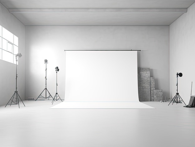 Interior of a photography studio with a blank backdrop