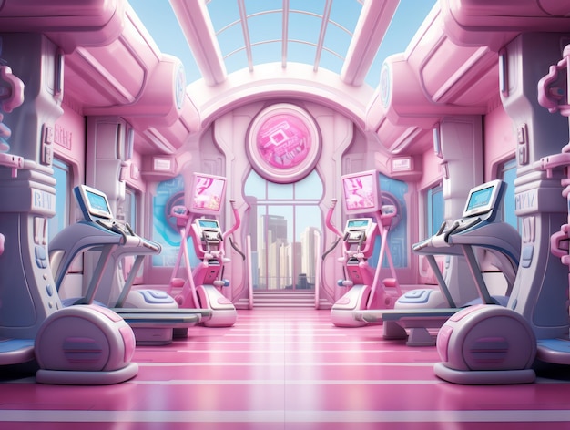 Photo interior of a pink gym in barbie style no people