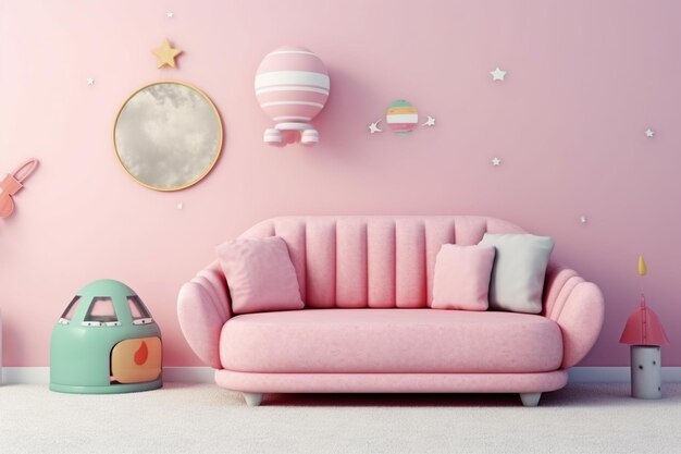 Interior of pink living room with pink sofa 3d render