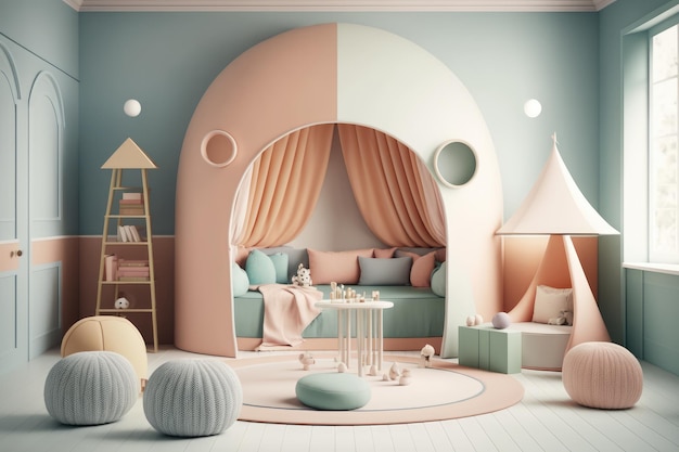 Interior of playroom for children at home painted in pastel colors