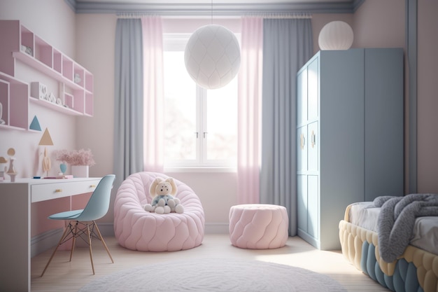 Photo interior of playroom for children at home painted in pastel colors