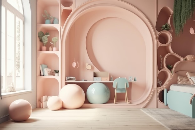 Interior of playroom for children at home painted in pastel colors