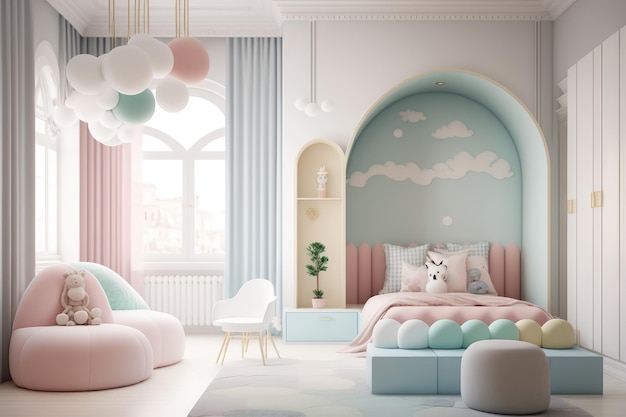 Photo interior of playroom for children at home painted in pastel colors