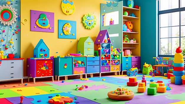 さまざまなおもちゃやカラフルな家具で満たされた幼稚園のキャビネットのプレイルームの内部