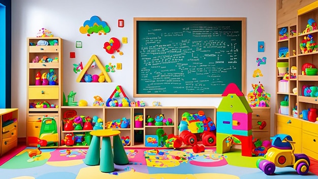 Interior of a playroom in a kindergarten cabinets filled with various toys and colorful furniture