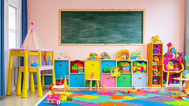 Interior of a playroom in a kindergarten cabinets filled with various toys and colorful furniture