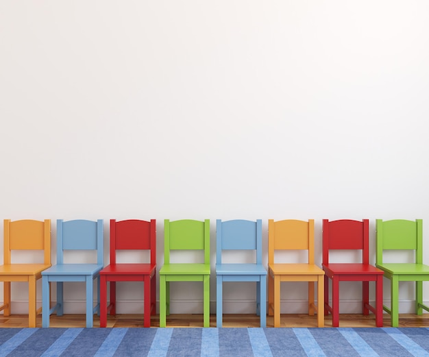 Interior of playroom with colorful chairs near the empty white wall 3d render