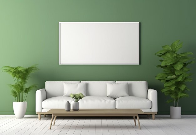 Photo interior poster frame mock up living room with green wall andl white sofa