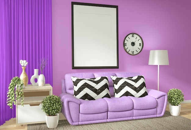 Interior poster frame mock up living room with purple wall andl white sofa 3D rendering