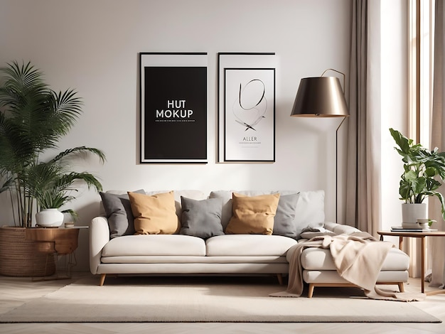 Interior poster frame mockup with modern furniture decoration