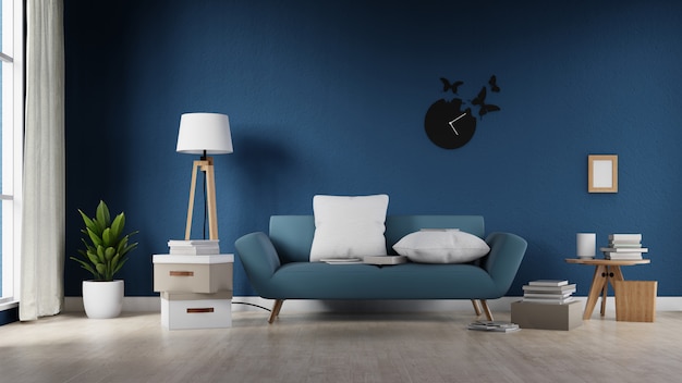 カラフルな白いソファ付きのリビングルームを模擬インテリアポスター。 3Dレンダリング。