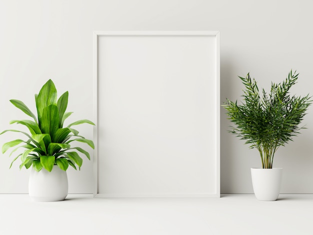 室内照片海报模拟植物盆栽,花在白墙的房间。