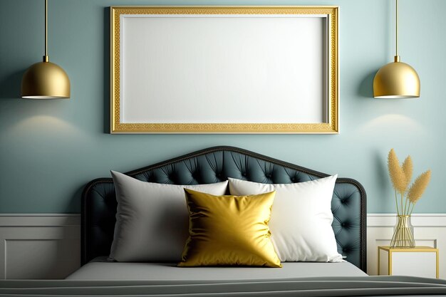 Interior poster mockup with horizontal golden frame on bedroom wall