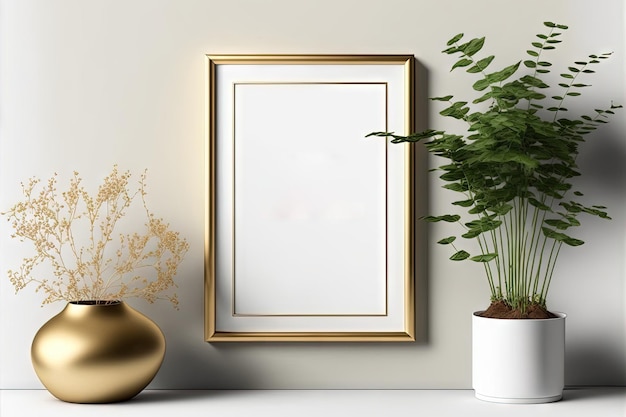 Interior poster mockup with vertical golden metal frame on white wall A4 A3 size format illustration