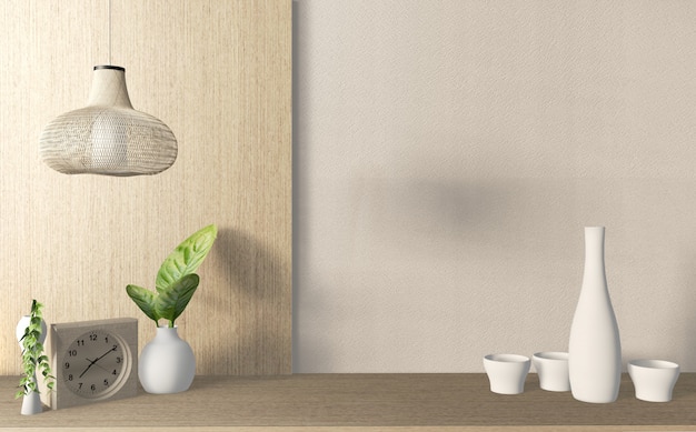インテリアポスターシーントップテーブル木製と日本の装飾。 3Dレンダリング
