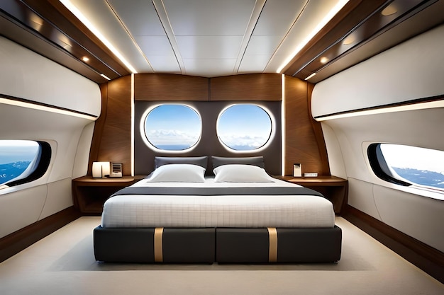 Premium Photo The Interior Of A Private Jet With Bed And Large Window