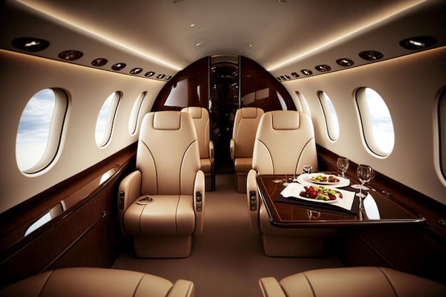 The interior of a private jet with a table for two and a plate of food on it.