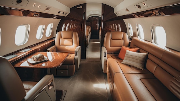 The interior of a private jet