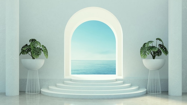 Фото Внутренний дисплей продукта подиум с видом на море 3d рендеринг