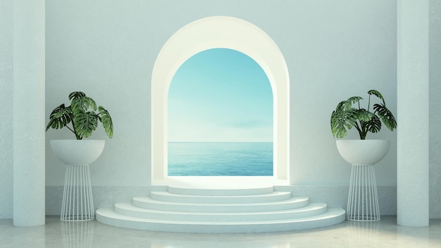 Photo interior product display podium sea view 3d rendering