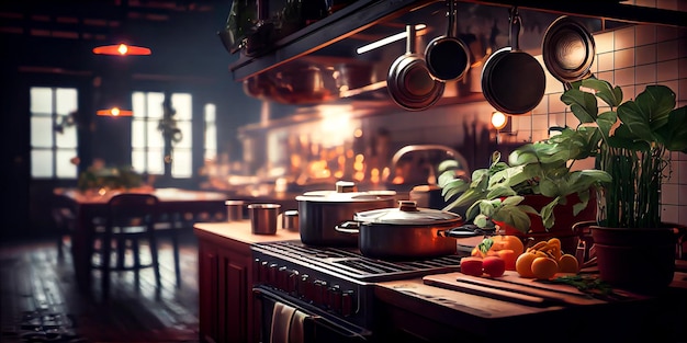 Interior of professional restaurant kitchen in evening light AI generated illustration