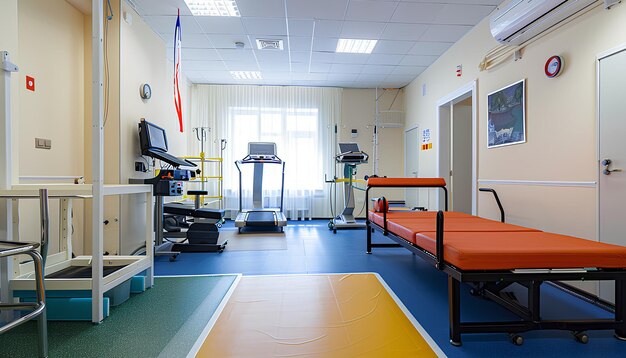 Interior of rehabilitation center with couch and equipment