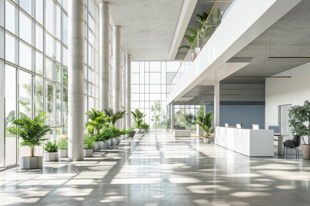 Photo interior rendering of a modern office building with large space minimalistic design on a light background