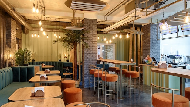 Interior of a restaurant, modern design in few colors, orange and blue.