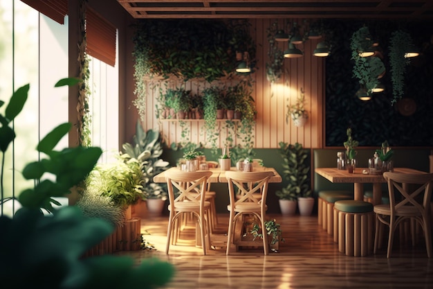 The interior of restaurant with potted plants Generative AI