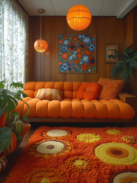 Photo interior of retro 1970s interior design with shag rugs and funky accesso decor art concept ideas