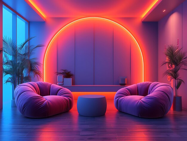 Interior of retro futuristic hologram living room with a holographic pho vr concept idea neon glow