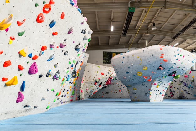 Interior of rock climbing gym