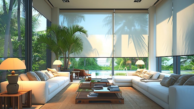 Interior roller blinds are used to cover the windows