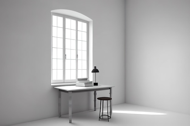 Interior room has a table with laptop on empty white wall background Room Generative Ai