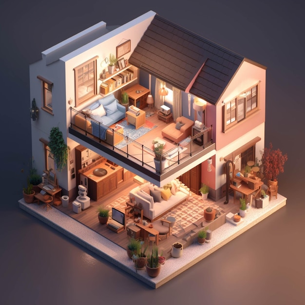 Interior of a room isometric view 3D illustration