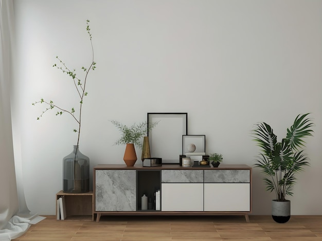 Interior room mockup with desk objects small frame and\
plant