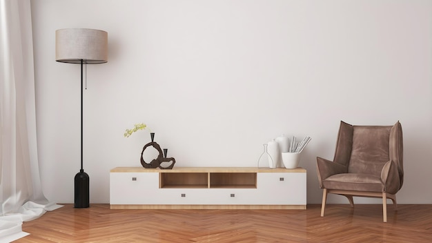 Photo interior room mockup with white desk floor lamp and brown chair