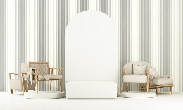 Interior of the room in plain monochrome light color with chair
and armchair light background with copy space 3d rendering for web
page presentation or product design