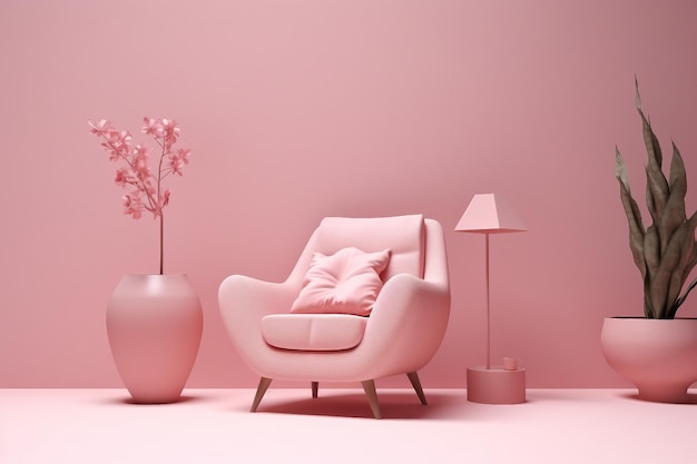 Photo interior room in plain monochrome light pink color with single chair floor lamp and decorative vase and plant light background with copy space 3d rendering for web page presentation background