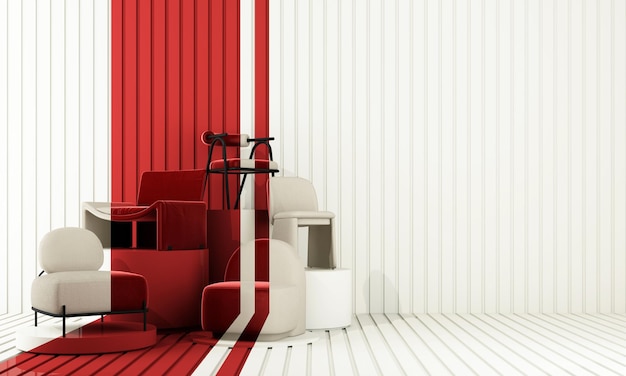 Interior of the room in plain monochrome light red color with\
chair and armchair light background with copy space 3d rendering\
for web page presentation or product design