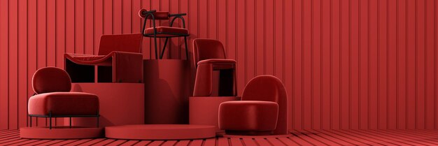 Interior of the room in plain monochrome light red color with\
chair and armchair light background with copy space 3d rendering\
for web page presentation or product design