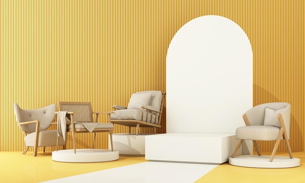 Interior of the room in plain monochrome light yellow color\
with chair and armchair light background with copy space 3d\
rendering for web page presentation or product design