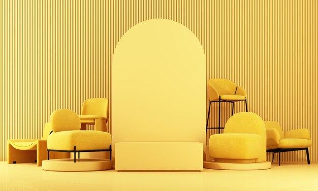 Interior of the room in plain monochrome light yellow color\
with chair and armchair light background with copy space 3d\
rendering for web page presentation or product design