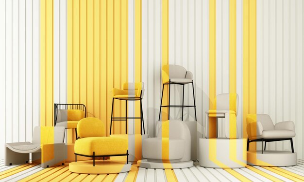 Interior of the room in plain monochrome light yellow color\
with chair and armchair light background with copy space 3d\
rendering for web page presentation or product design