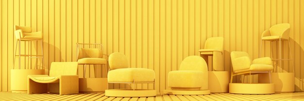 Interior of the room in plain monochrome light yellow color
with chair and armchair light background with copy space 3d
rendering for web page presentation or product design